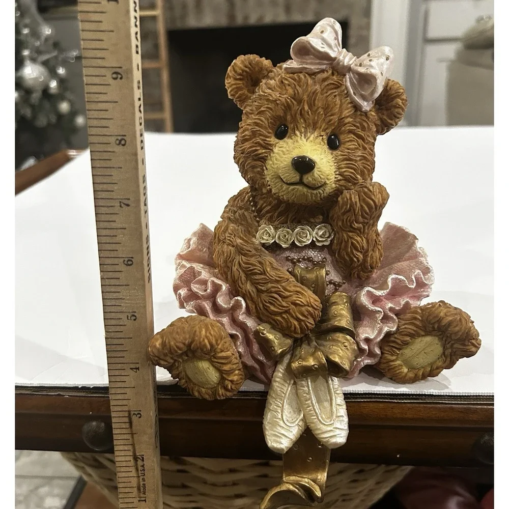 Vintage Teddy Bear Ballerina Resin Figurine W/ Hook Nursery Shelf Decor Dancer